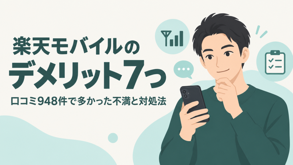 楽天モバイルのデメリット7つ・口コミ948件で多かった不満と対処法の文字と、スマホを見て考える人のイラスト